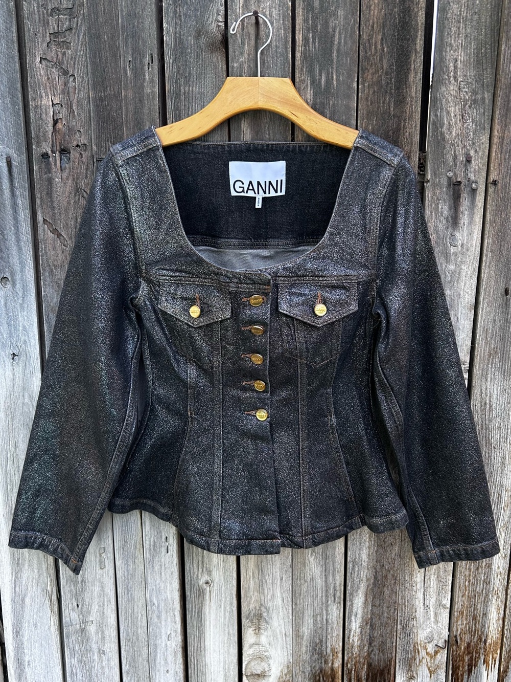 Ganni Square Neck Denim Jacket Foil Black S